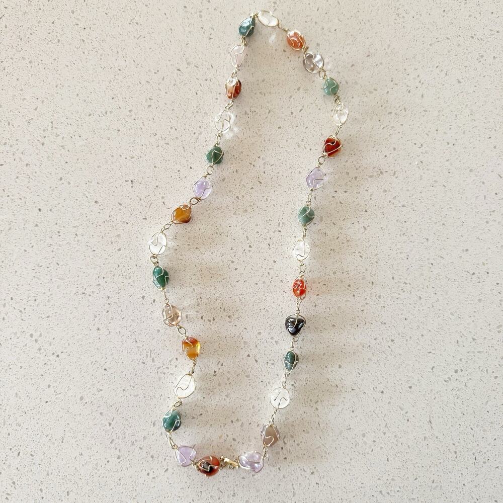 VINTAGE 1960-70'S ARTISAN CRAFTED CAGED SEMI=PRECIOUS GEMSTONE NECKLACE 12” Drop - Picture 1 of 5